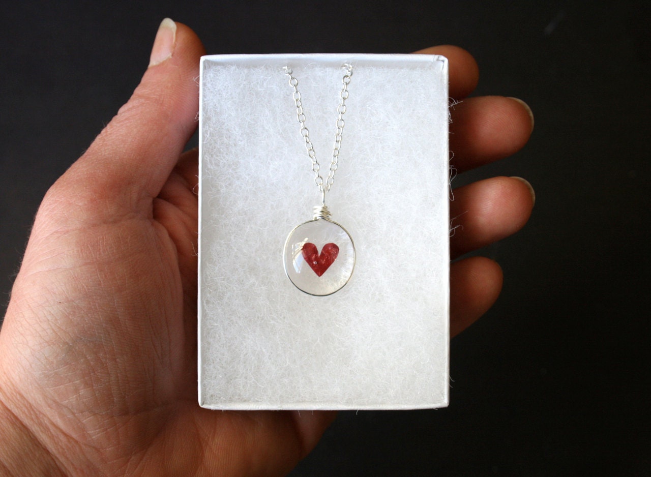 Transparent Heart -  Valentine Necklace - Glass with Silver Chain and Wire Wrapped Mini Pendant