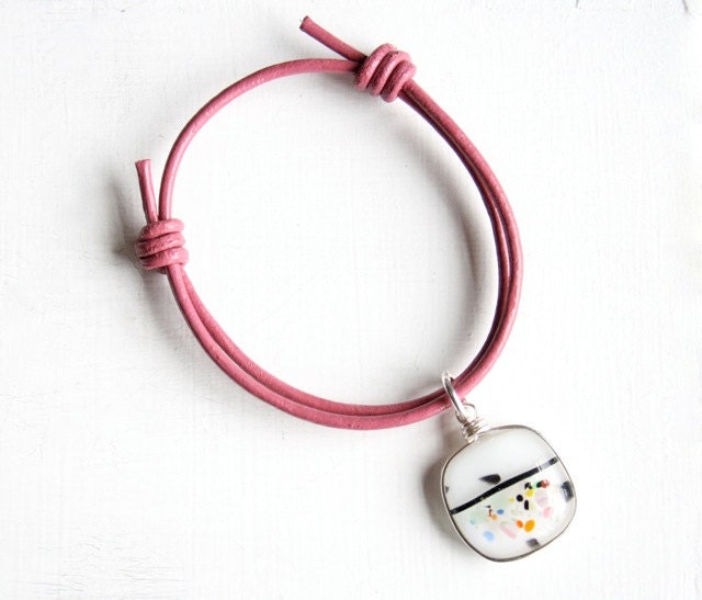 White Fused Glass Adjustable Bracelet - Pastel Pink Leather