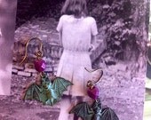 Dark Violets verdigris bats and purple bead earrings