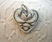 Rustic White Rose with Silver Accents Heart Pendant or Focal Bead
