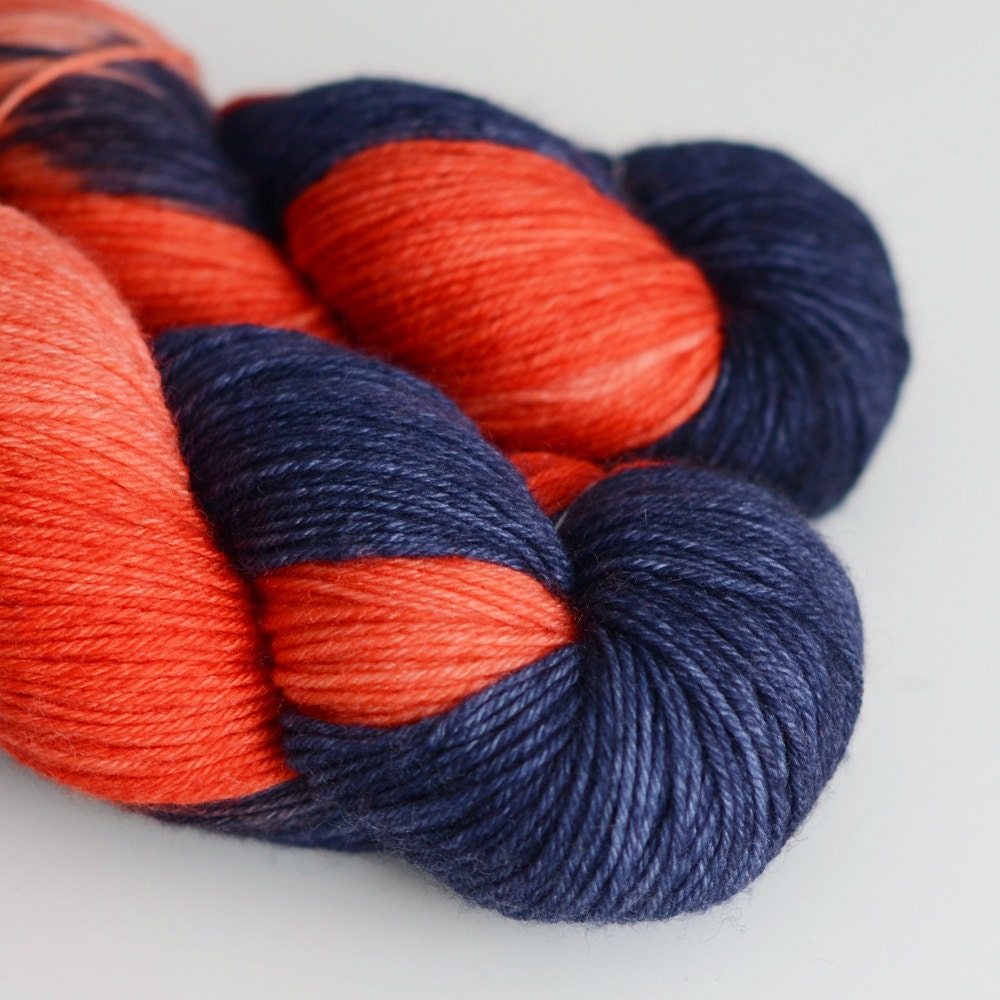 Hand Dyed Sock Yarn - Cashmere Merino Nylon Blend - Hades in Ink Blue and Deep Orange