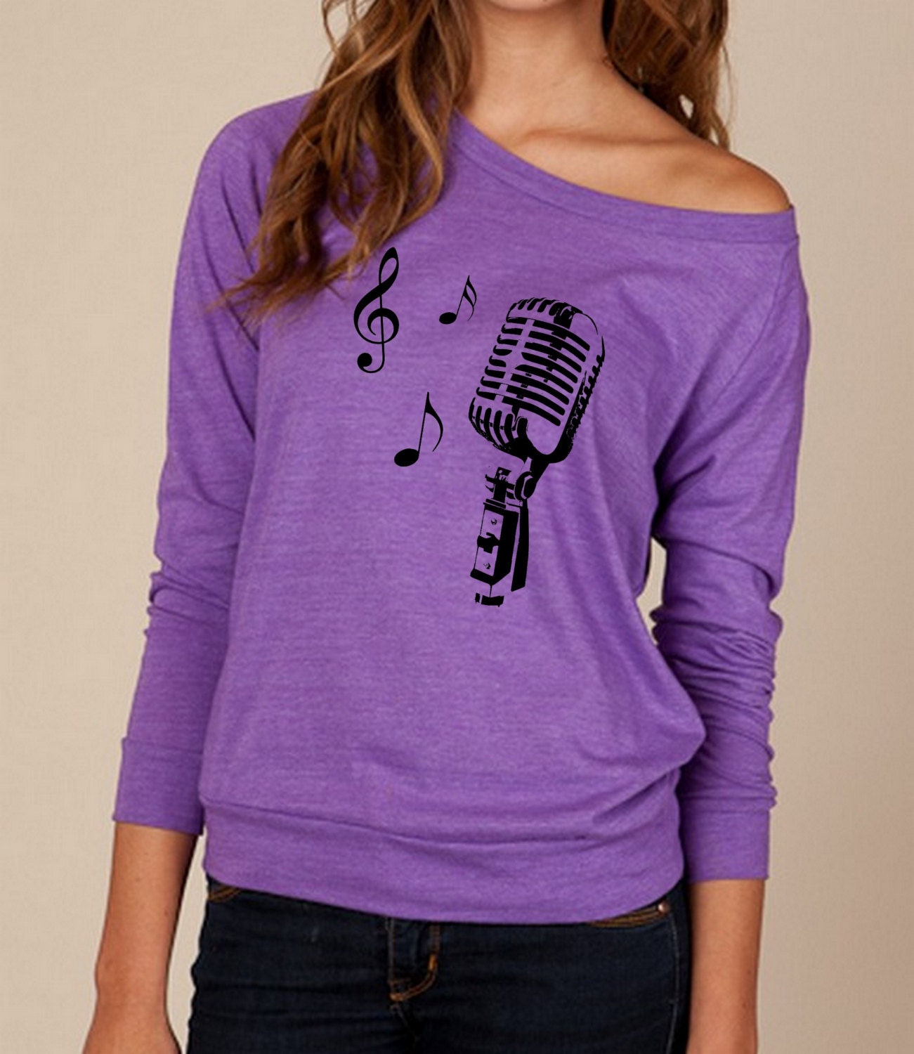 MIC microphone MUSIC notes Heathered Slouchy Pullover long sleeve Girls Ladies shirt sweatshirt silkscreen screenprint Alternative Apparel