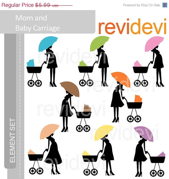 HALF PRICE SALE Clipart Mom and Baby Carriage E074.. Silhouette Digital clip art embellishments