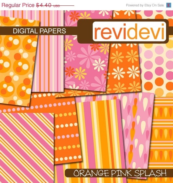 HALF PRICE SALE Orange Pink Splash 10030 - Digital Papers - Patterned background for scrapbooking, invites, cards - Jpg 12x12 inch size