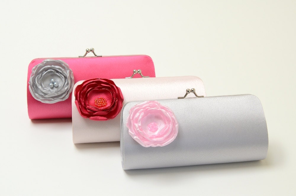 Bridal Clutch Bridesmaid Clutch - Silver Pale Pink & Fuchsia - Petite Flower Bloom - Bridesmaid Gift