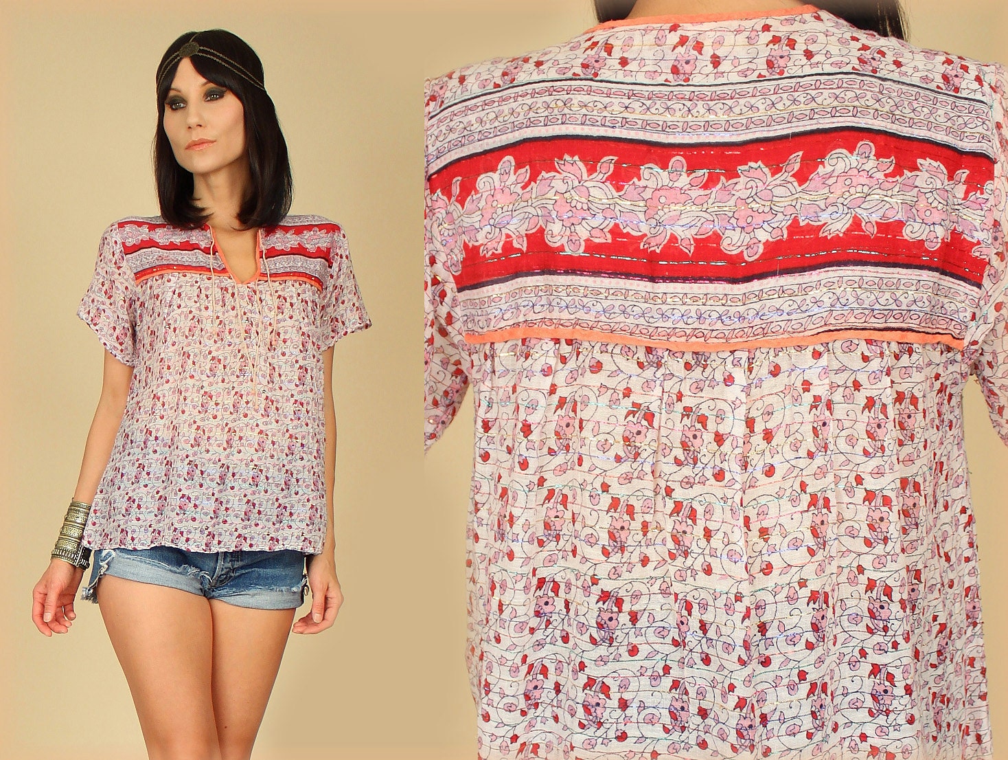 ViNtaGe 70's India  Rainbow Sheer Floral Cotton Voile Festival Tunic Top S