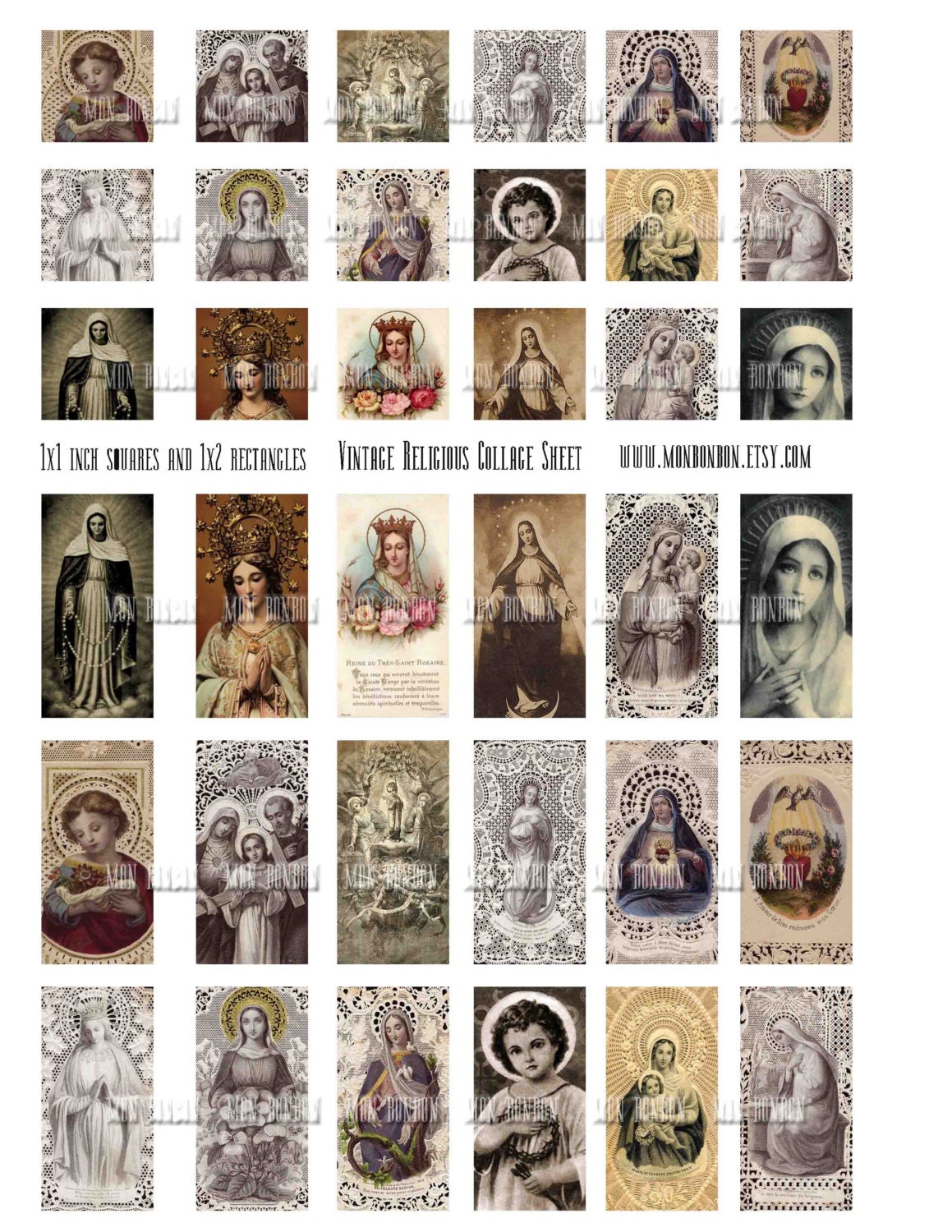 Vintage Religious Sacred Heart No. 5 Digital Download Collage Sheet of 1x1 inchies and 1x2 rectangles - INSTANT DOWNLOAD