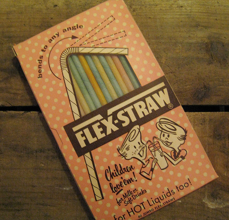 Vintage Jumbo Flex-Straw Drinking Straws - 40 Colorful Paper Straws with Original Packaging