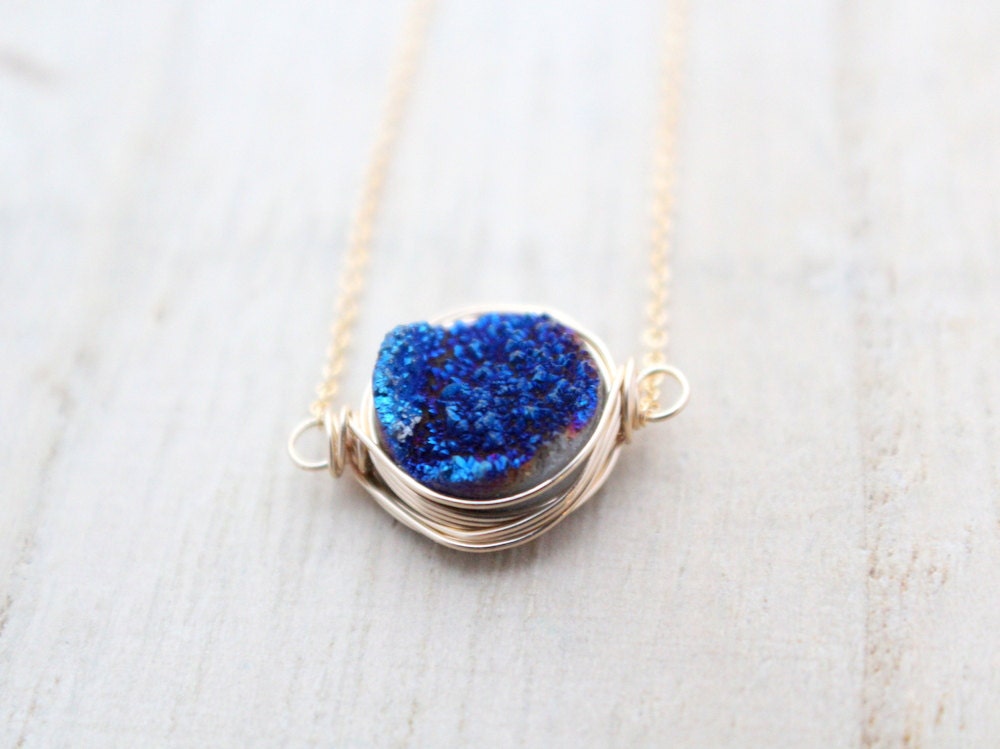 Druzy Bezel Necklace, Cobalt Blue Gemstone Pendant in 14K Gold Filled, Minimalist Fashion