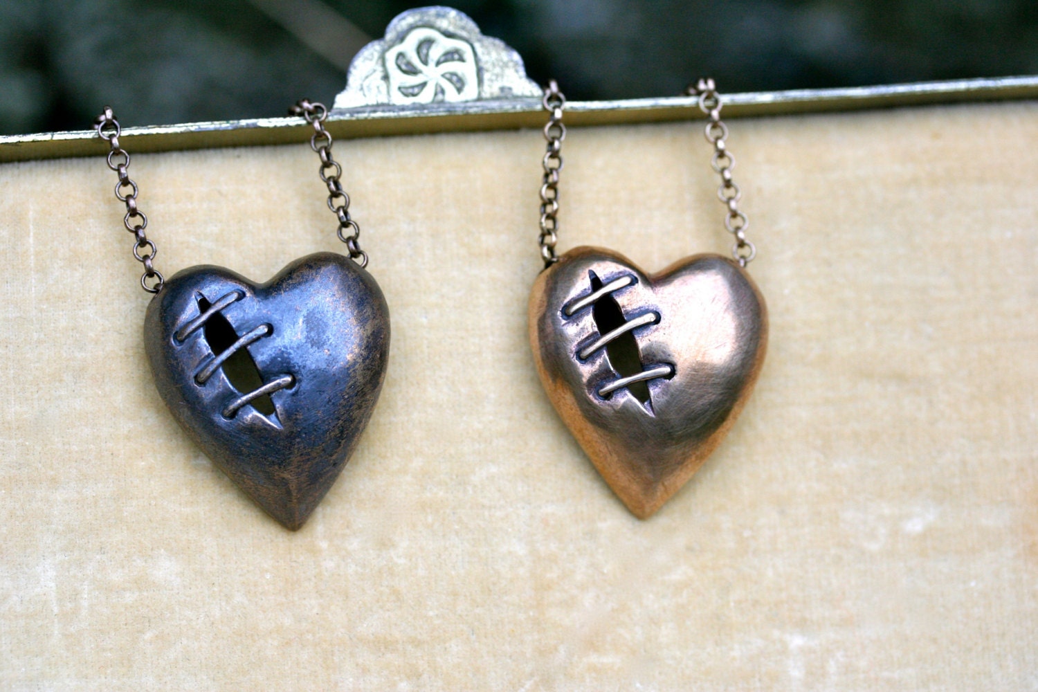 Sutured Heart necklace natural bronze limited edition vintage scroll