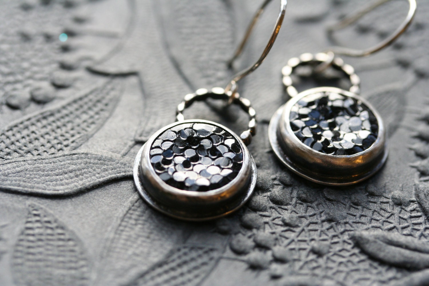 Starry Night vintage noir glass button earrings sterling silver