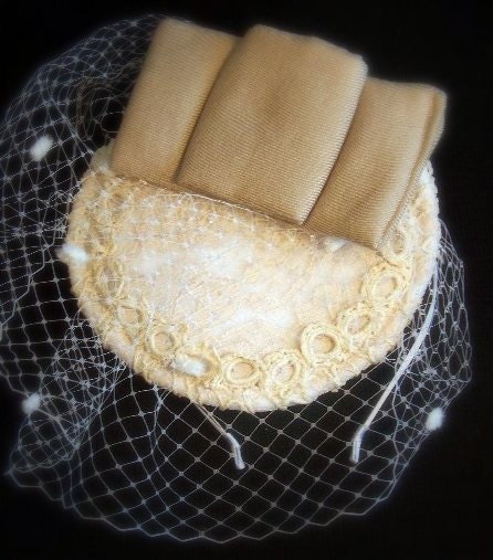 Fascinator,Veil headpiece, SANDY, Lace, taupe,khaki,bow, chenile veil