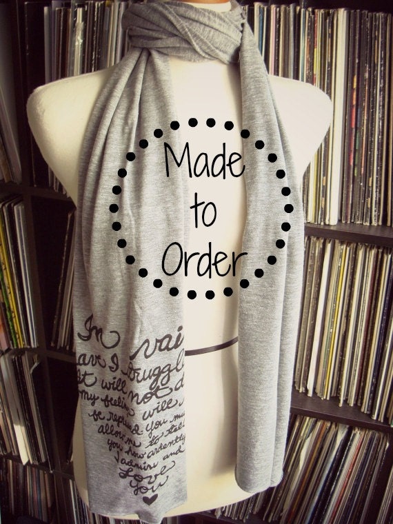 MADE TO ORDER Mr. Darcy Proposal/Pride and Prejudice. American Apparel Hand Printed Scarf in Grey