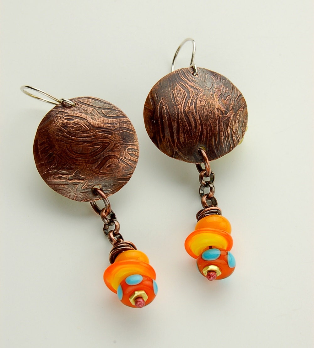 Tangerine and Turquoise Lampwork Glass Bead Earrings with Copper