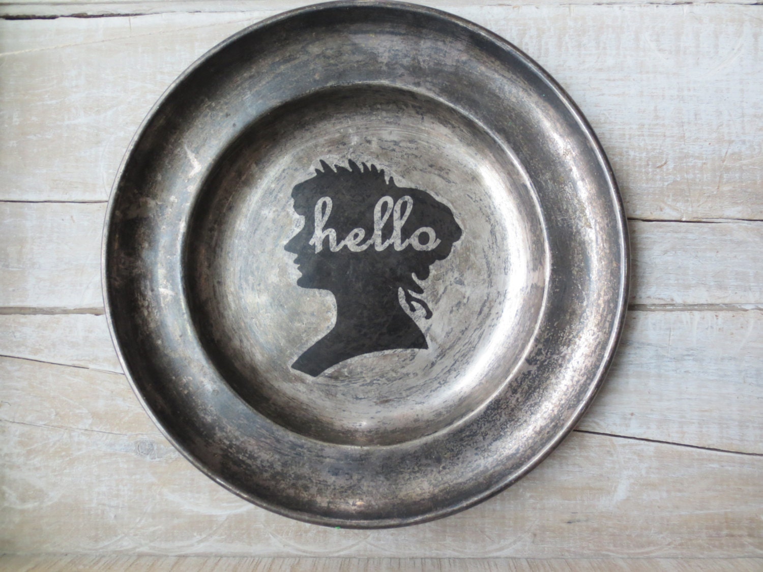 Hello Sign // French Country Decor // Silhouette // Vintage Shabby Sign // Primitive Decor // Victorian Wall Decor // TARNISHED Silver Tray