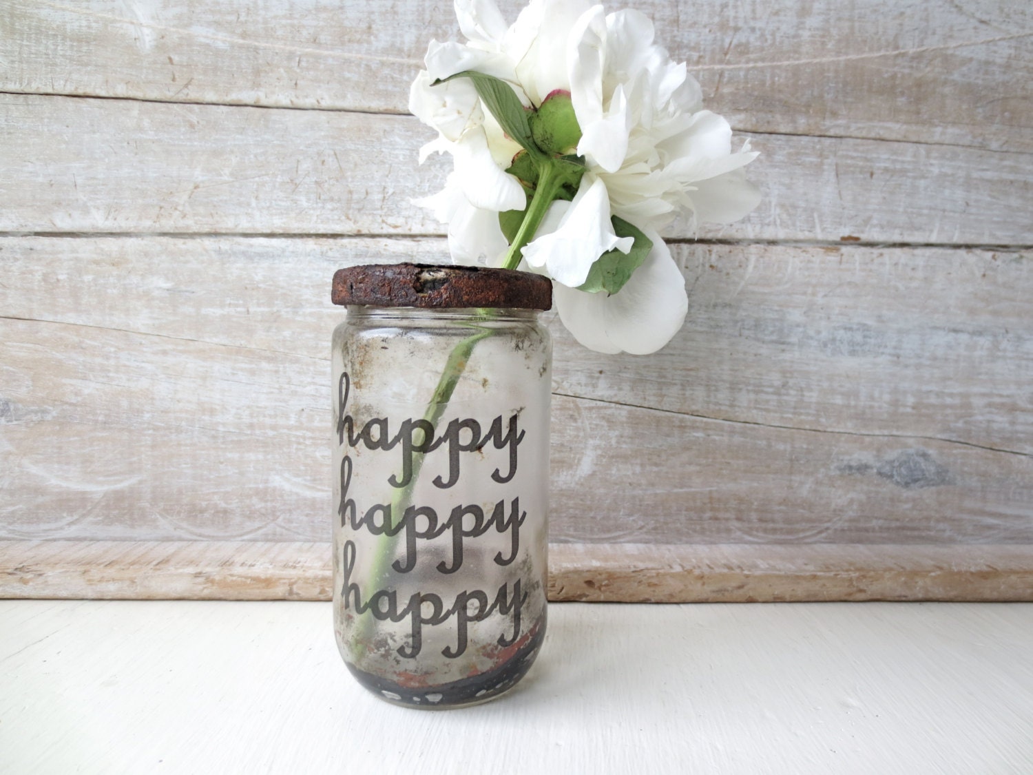 Happy // Vintage Bottle // Mini Bud Vase // Modern Cottage Decor // Apothecary // Vintage Beach House // Air Plant Holder