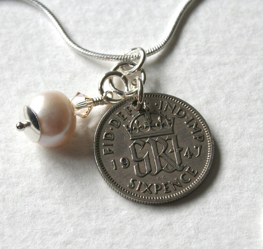 Lucky Sixpence Pearl Charm Necklace 1947 Genuine Coin