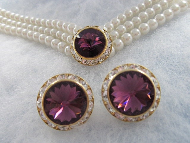 Glass Pearl and Rhinestone Necklace and Earrings