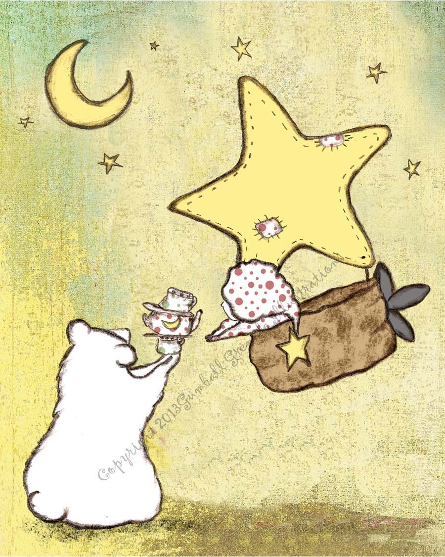Baby Girl Nursery Artwork Print Polar Bear, Girl in Star balloon with Cocoa.  Aviators love Cocoa