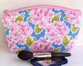 Floral Makeup Bag/Zippered Pouch Padded Flat Bottom Round Top Pink Hydrangea
