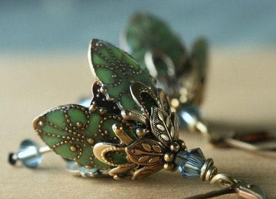 Green flower earrings - blue crystal brass victorian inspired romantic earrings