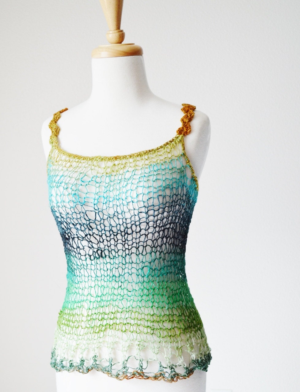 Emerald Forest Tank - Hand Knit Tank Top In Luxury Wool / Mohair / Silk - Loose Knit Tank - Emerald Green, Rust Orange