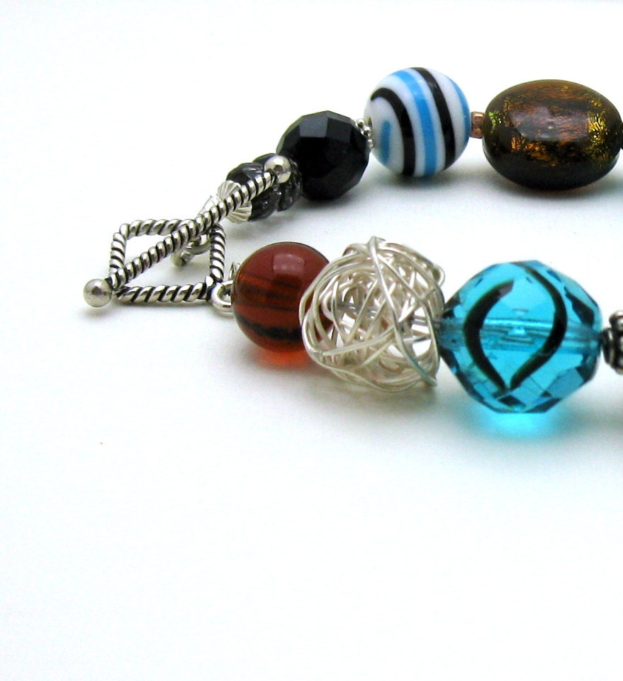 Blue Bohemian Beaded Bracelet / Sterling Silver Boho Beaded Bracelet  / Chunky Boho Bracelet / Statement
