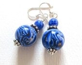 Polymer Clay and Glass Bead Earrings, Blue Waves