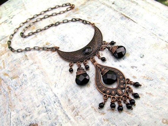 black Bohemian necklace Gypsy statement necklace wire wrapped Boho Bohemian Jewelry