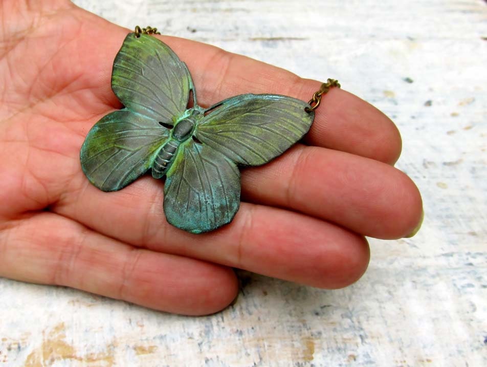 green Butterfly necklace Verdigris Patina Jewelry Nature jewelry