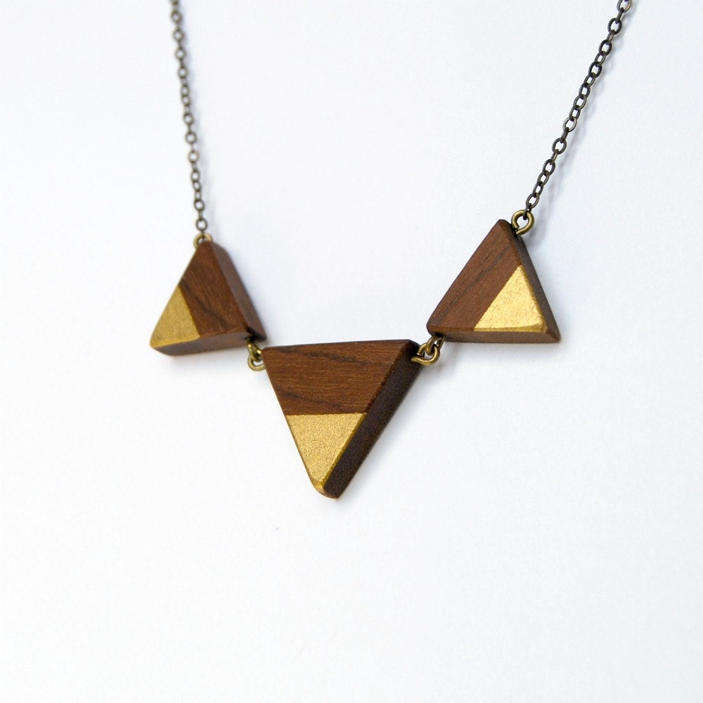 3 spikes - wood, antique brass chain and a touch of  gold color