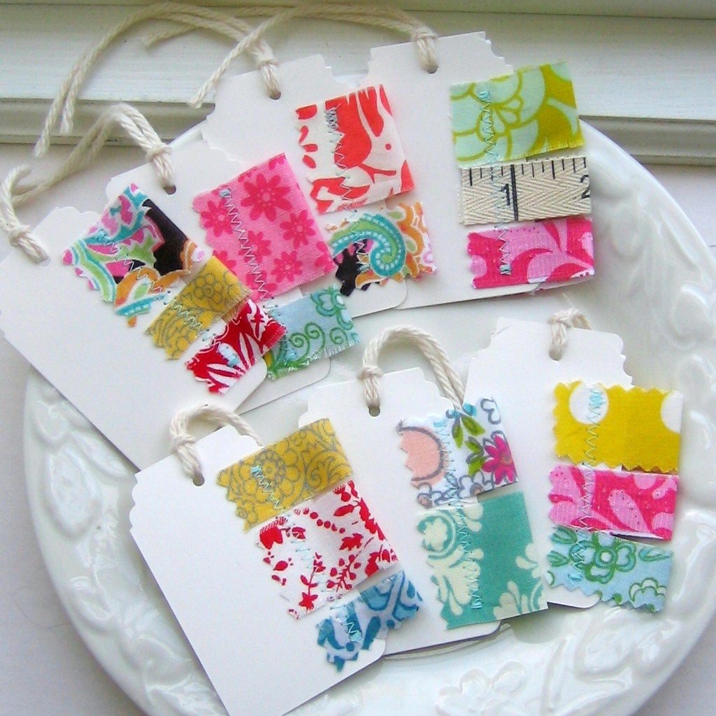 Gift Tags, Tags,  Fabric Gift Tags, Sewn Fabric Tags, Fabric Scrap Tags,  Small Gift Tags, Fabric Scrap Gift Tags, Set of 7,  No. 100A