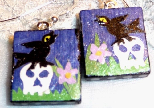 Ravens resting on skull, scrabble tile earrings