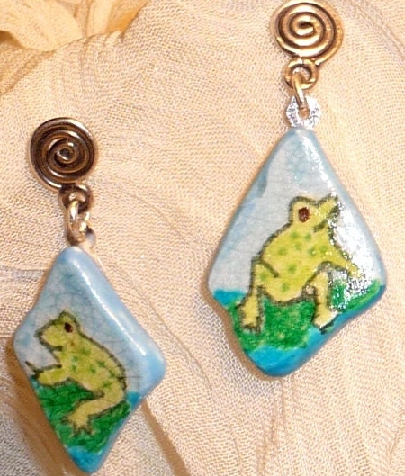 OOAK Frog Earrings on Pottery Shard, drawn by hand