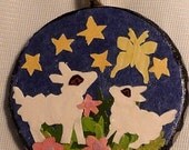 Lambs in a Field, wood tile necklace