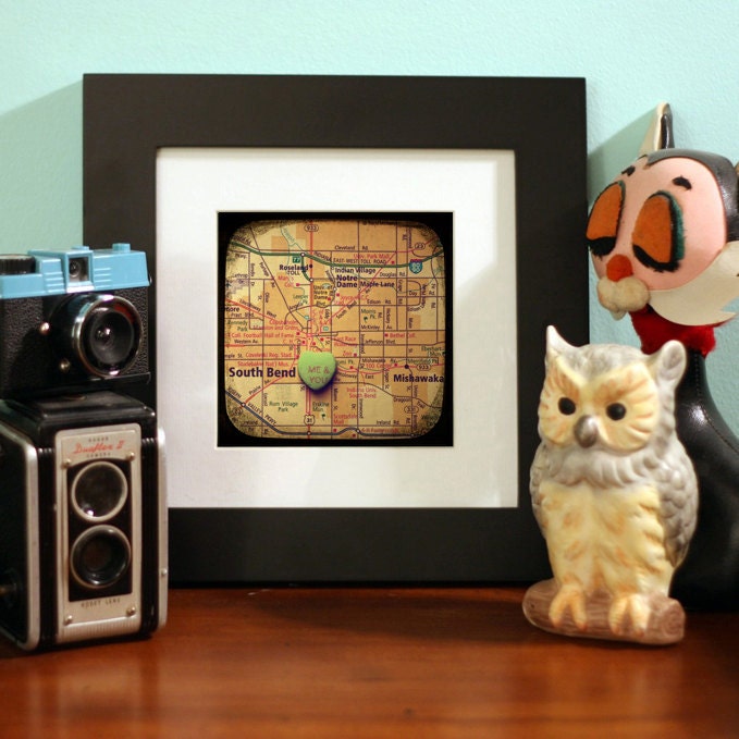 Map art print - me & you south bend indiana - candy heart photo custom engagement wedding anniversary gift nursery wall decor notre dame