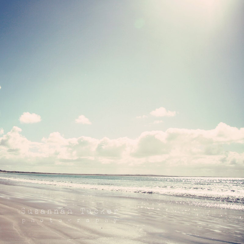 FREE SHIPPING it was a most perfect place - 8x8" beach photograph - summer, clouds, blue, sunshine, bright, beach decor