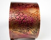 Etched Copper Cuff Bracelet, A Etched and Hammered Copper Cuff with a Hand-drawn Doodle Art Heart Design with Distressed Patina- Many Hearts