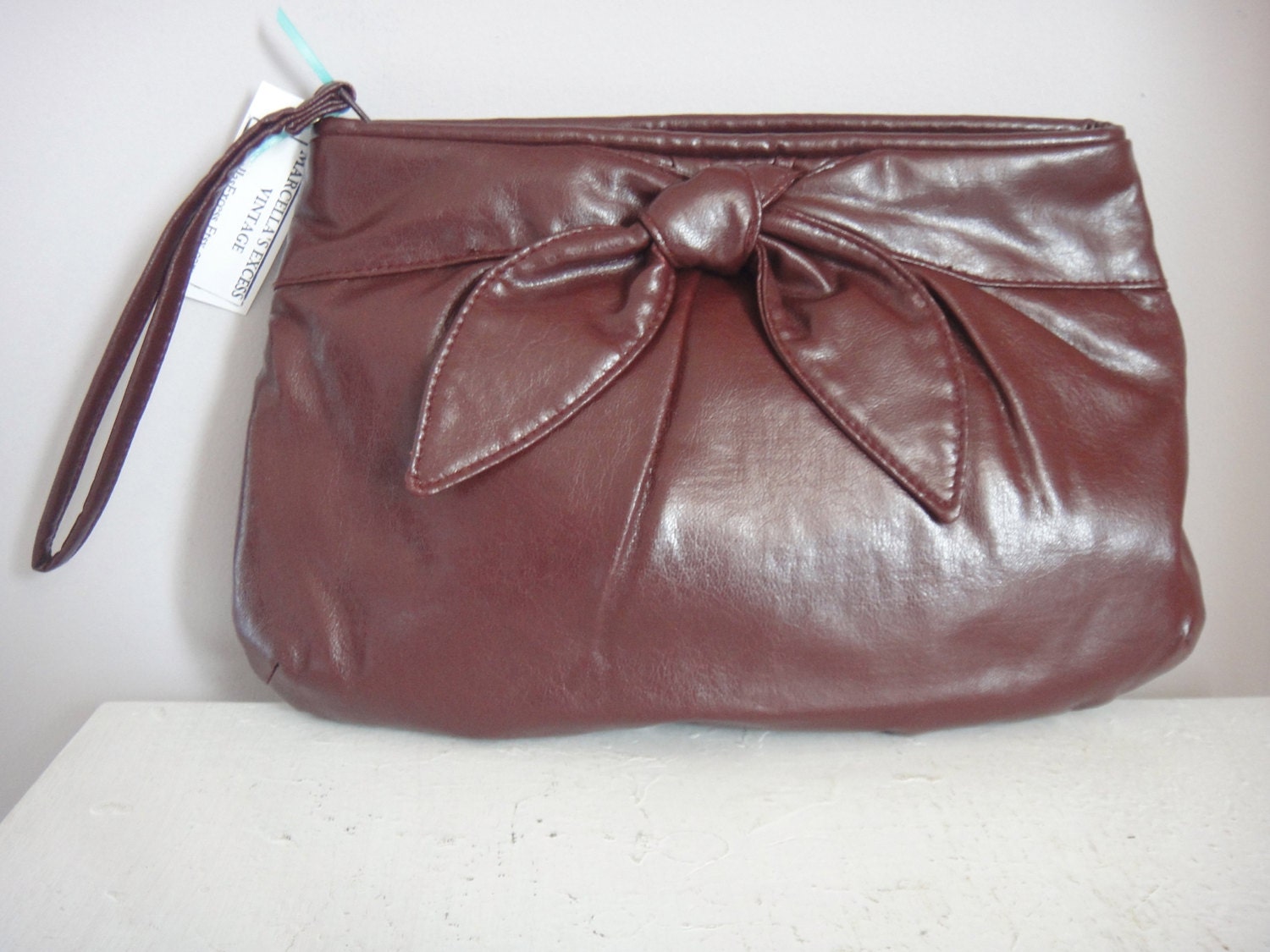 Vintage Bow Clutch Bag, Purse, Wrist Strap, Faux Leather, Oxblood, Burgundy, Wristlet