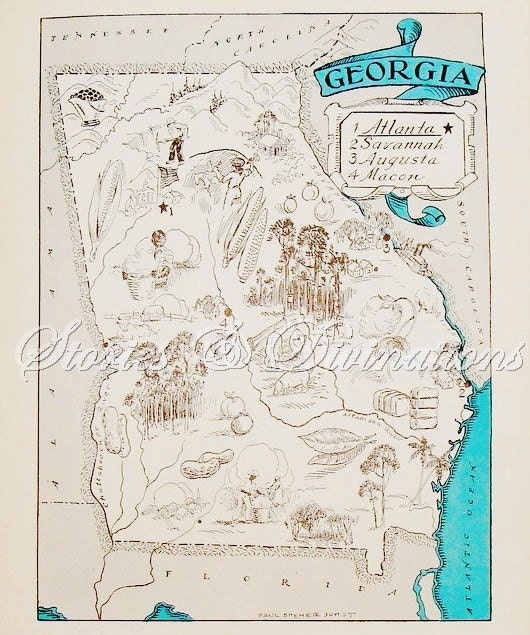 Georgia Map - Vintage Map of Georgia - A Fun and Funky Little Vintage Picture Map to Frame