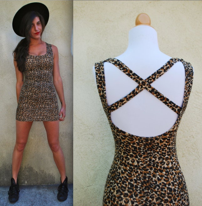 Vintage 80s 90s Leopard Bodycon Mini Dress (size xs, small)