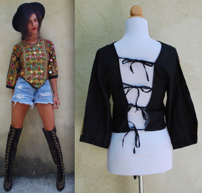 Vintage 60s 70s Mirrored Open Back Blouse (size small, medium)