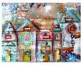 Print mixed media, house prints, colorful, whimsical, bold colors