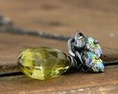 Lemon Quartz briolette wire wrapped oxidized sterling silver swarovski crystal flower fashion Necklace Seven jewelry