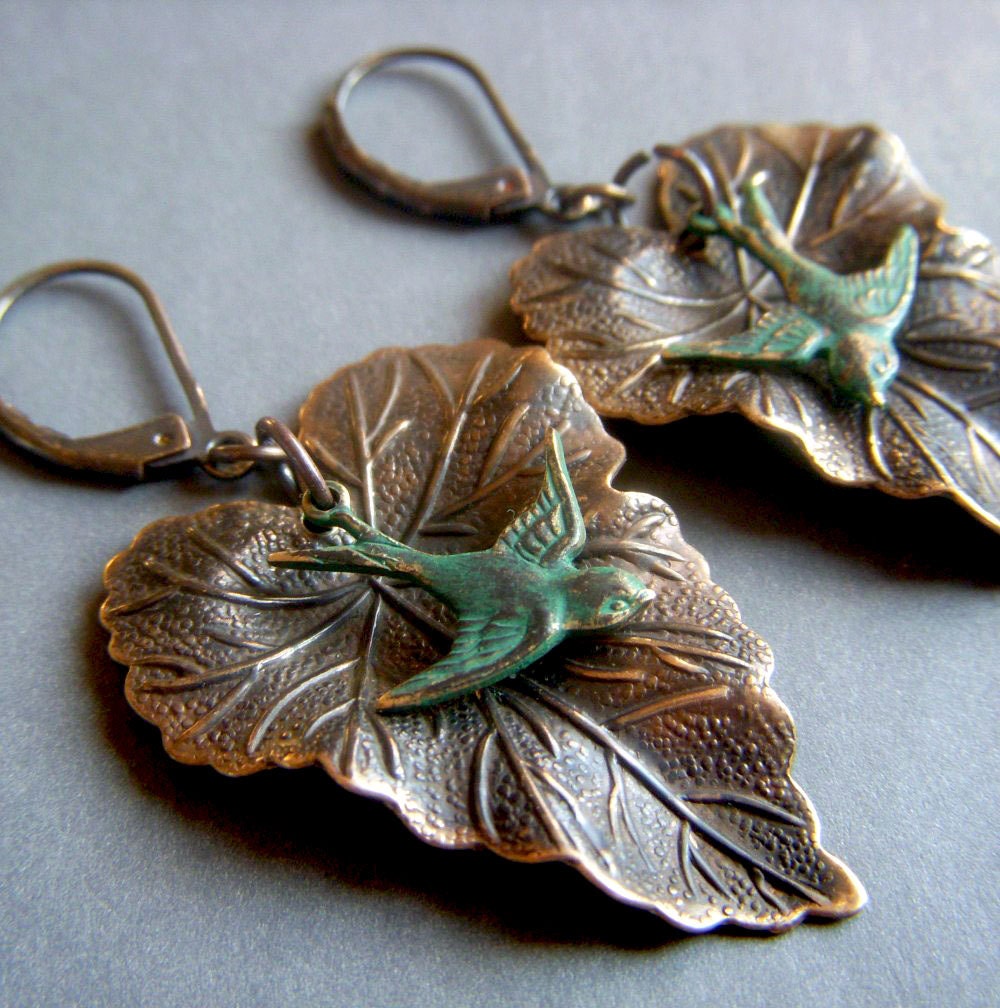 Patina Sparrow Leaf Earrings on Brass . Hand Patina Verdigris Bird Swallow Dangle Boho . Soar
