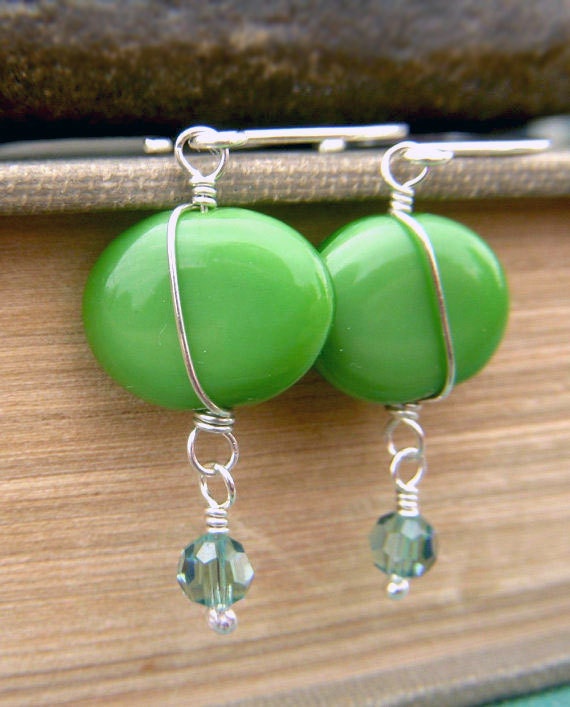 Green Glass Earrings on Sterling Hoops . Silky Czech Glass Wirewrapped Dangle . Fresh Peas