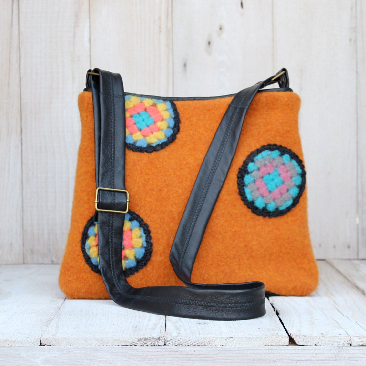 Granny  Dots Recycled Sweater Messenger Bag in Golden Orange - Granny Squares