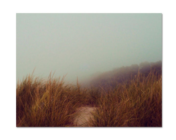 Beach Fog Photograph, 5x7 Print, Ethereal Photo, Soft Gray, Warm Brown Grass, Lake Michigan Photo, Cottage Decor