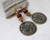 Brass Dragon Stamping, Horn Bead Earrings- Multicolor Horn, Brass Dragon Dangle Earrings