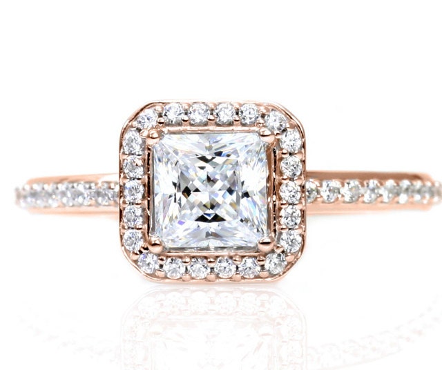 Rose Gold White Sapphire Engagement Ring 14K Princess Diamond Halo Sapphire Ring 14K White Yellow Rose Gold Custom Engagement Ring